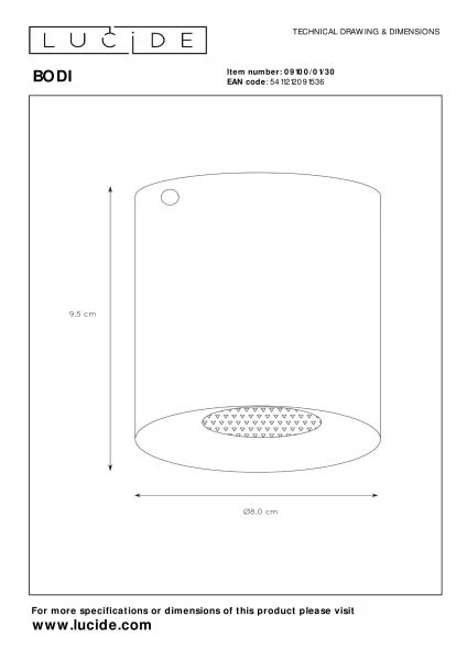 Lucide BODI - Spot plafond - Ø 8 cm - 1xGU10 - Noir - TECHNISCH